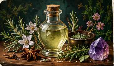 Ilustração botânica do elixir de acolhimento e serenidade com frasco, ervas e cristal