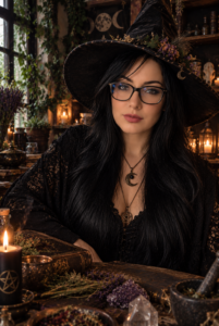 Retrato artístico da criadora da Raiz Telúrica, com chapéu preto em um ambiente de botica e livros